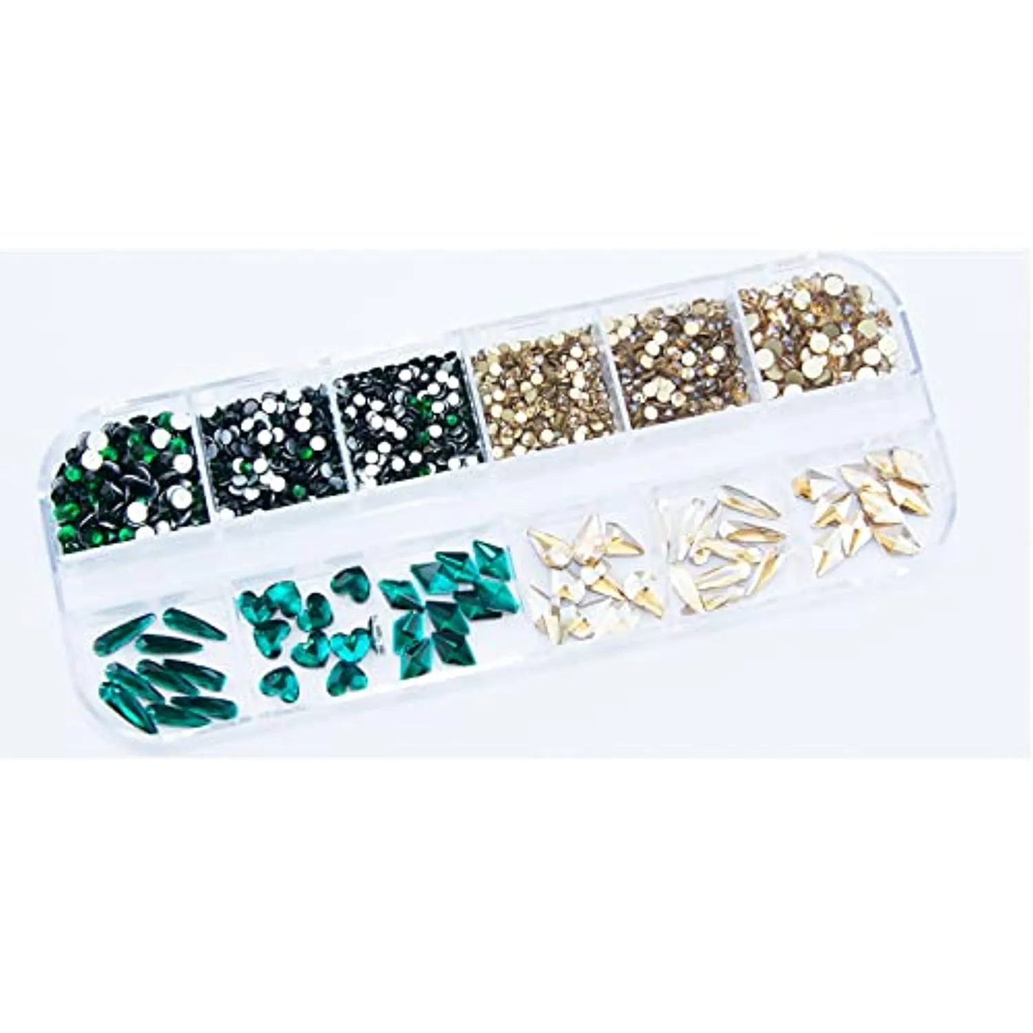 1260Pcs Emerald Green Gold Champagne Nail Rhinestones Flatback Gems Crystals Glass Multi Shapes Sizes Color Green Gold Nail Rhinestones with Pen for Nail DIY Crafting Clothes Shoes Jewelry