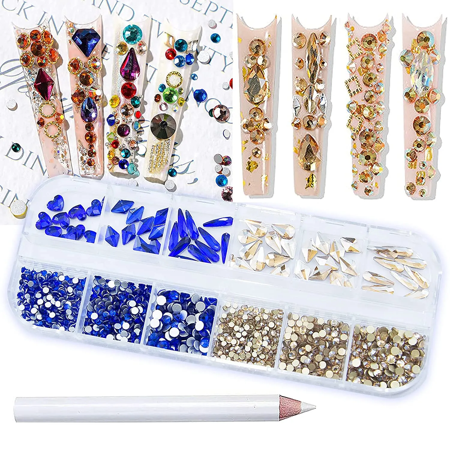 1260Pcs Emerald Green Gold Champagne Nail Rhinestones Flatback Gems Crystals Glass Multi Shapes Sizes Color Green Gold Nail Rhinestones with Pen for Nail DIY Crafting Clothes Shoes Jewelry