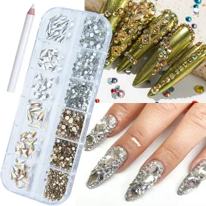 1260Pcs Emerald Green Gold Champagne Nail Rhinestones Flatback Gems Crystals Glass Multi Shapes Sizes Color Green Gold Nail Rhinestones with Pen for Nail DIY Crafting Clothes Shoes Jewelry
