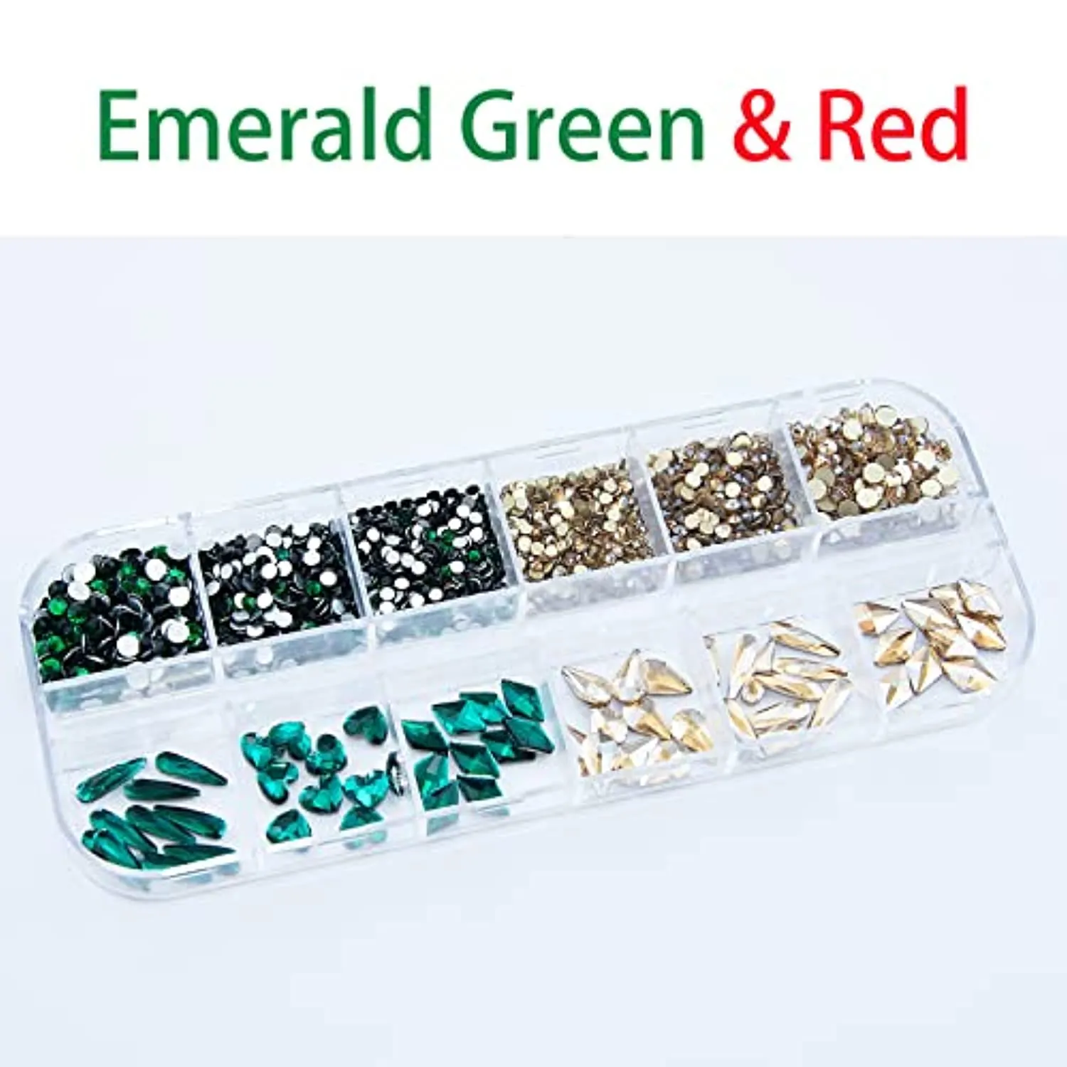1260Pcs Emerald Green Gold Champagne Nail Rhinestones Flatback Gems Crystals Glass Multi Shapes Sizes Color Green Gold Nail Rhinestones with Pen for Nail DIY Crafting Clothes Shoes Jewelry
