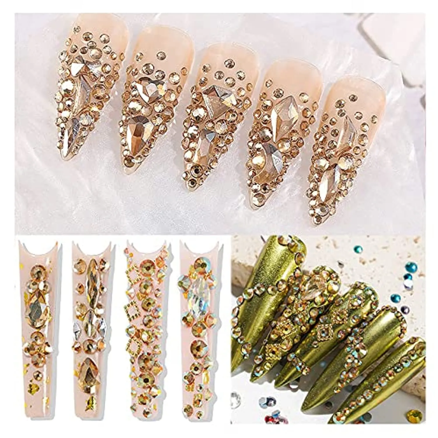 1260Pcs Emerald Green Gold Champagne Nail Rhinestones Flatback Gems Crystals Glass Multi Shapes Sizes Color Green Gold Nail Rhinestones with Pen for Nail DIY Crafting Clothes Shoes Jewelry