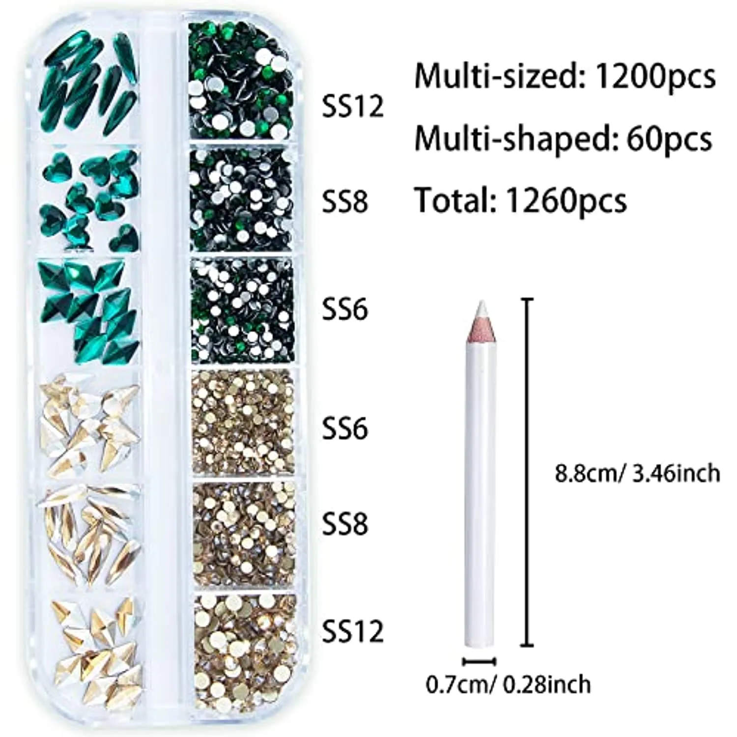 1260Pcs Emerald Green Gold Champagne Nail Rhinestones Flatback Gems Crystals Glass Multi Shapes Sizes Color Green Gold Nail Rhinestones with Pen for Nail DIY Crafting Clothes Shoes Jewelry
