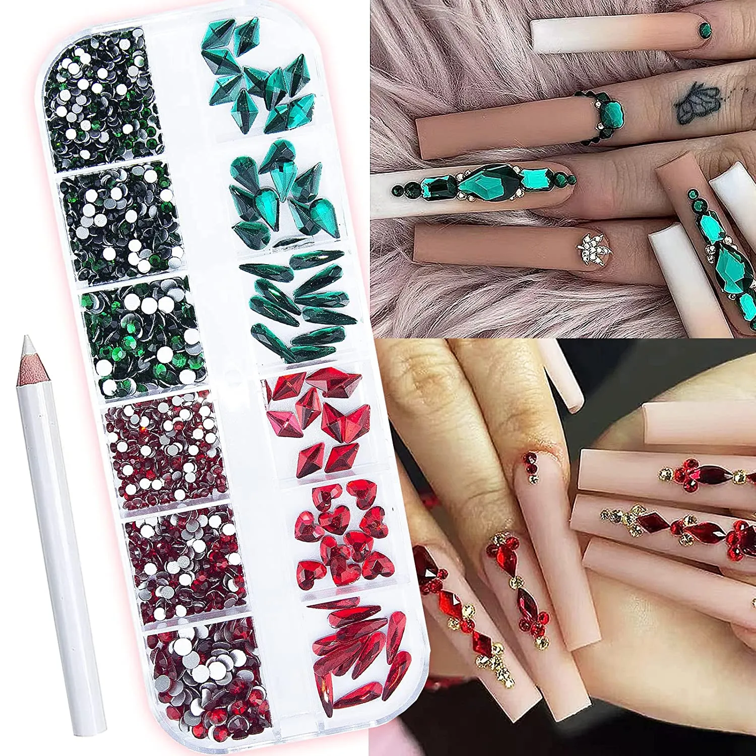 1260Pcs Emerald Green Gold Champagne Nail Rhinestones Flatback Gems Crystals Glass Multi Shapes Sizes Color Green Gold Nail Rhinestones with Pen for Nail DIY Crafting Clothes Shoes Jewelry