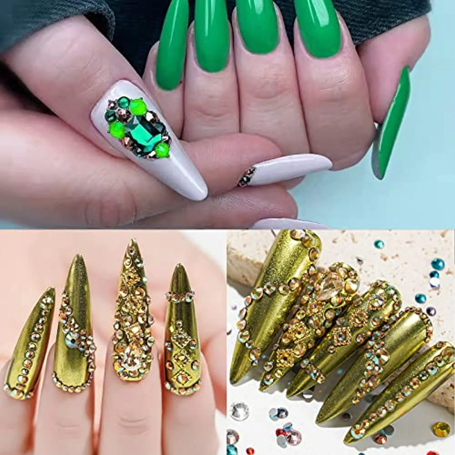 1260Pcs Emerald Green Gold Champagne Nail Rhinestones Flatback Gems Crystals Glass Multi Shapes Sizes Color Green Gold Nail Rhinestones with Pen for Nail DIY Crafting Clothes Shoes Jewelry