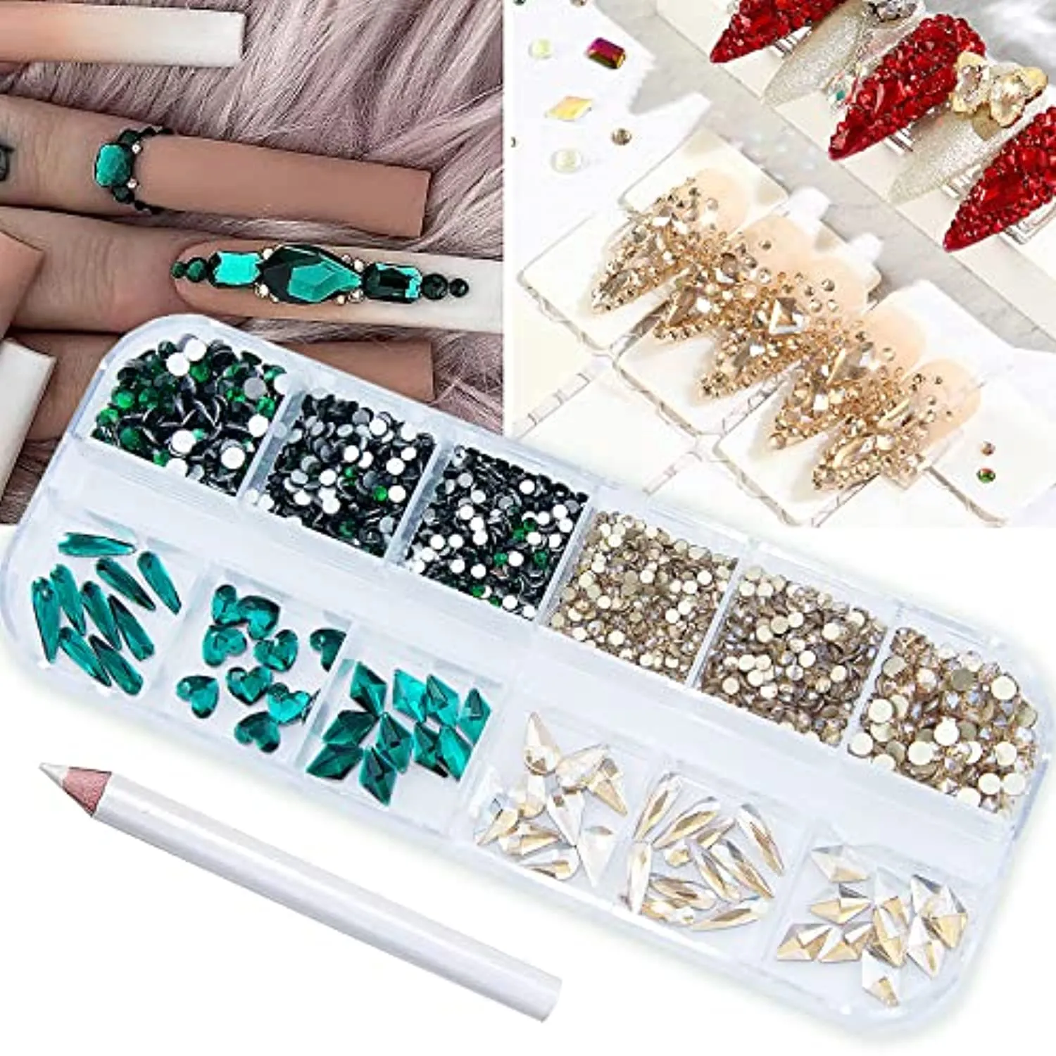 1260Pcs Emerald Green Gold Champagne Nail Rhinestones Flatback Gems Crystals Glass Multi Shapes Sizes Color Green Gold Nail Rhinestones with Pen for Nail DIY Crafting Clothes Shoes Jewelry