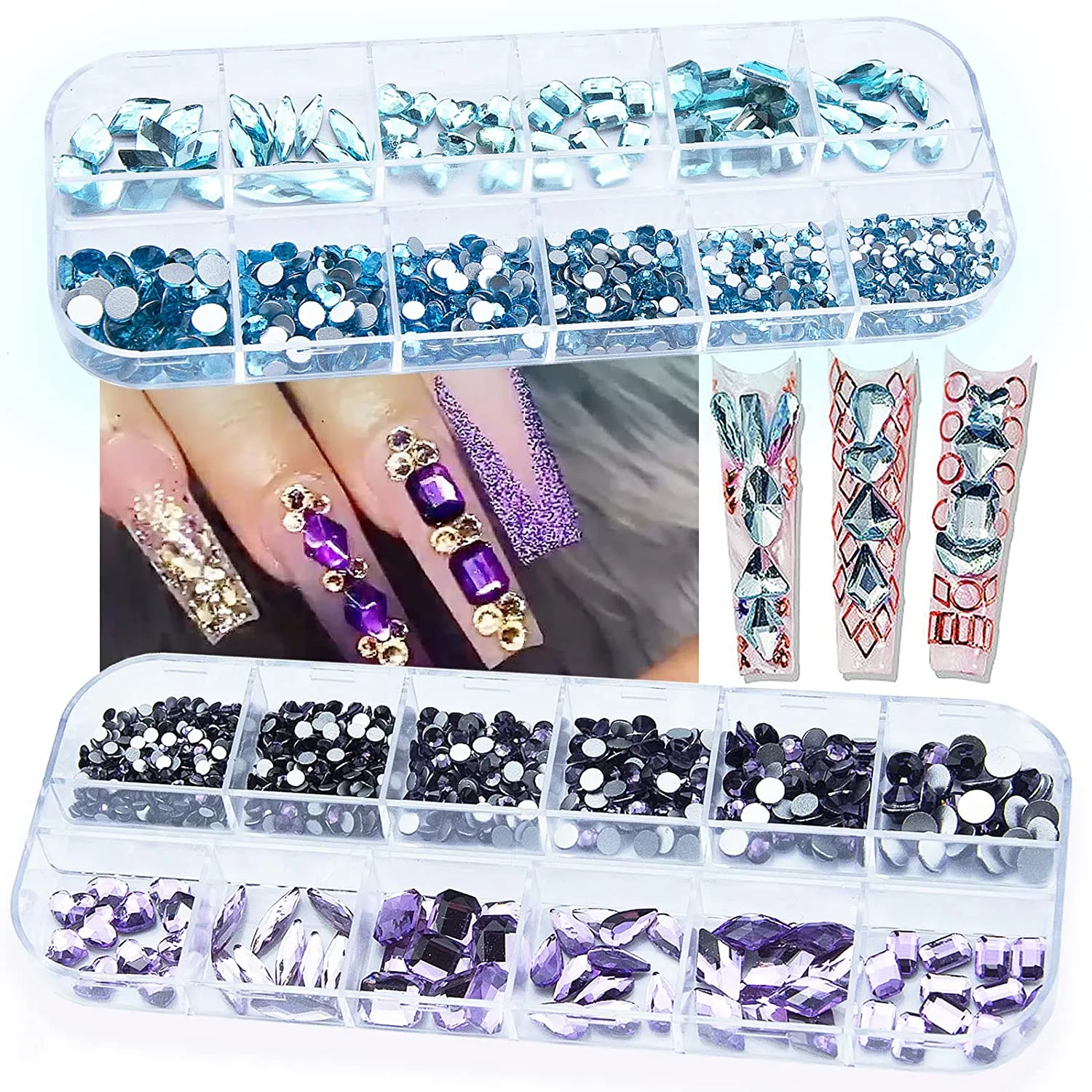 1720Pcs Royal Blue Lake Blue Nail Rhinestones Crystals Glass Gems Stones Royal Blue Multi Shapes Sizes Round Beads Flatback Gems Crystals Rhinestones for Nail DIY Crafts Clothes Shoes Jewelry