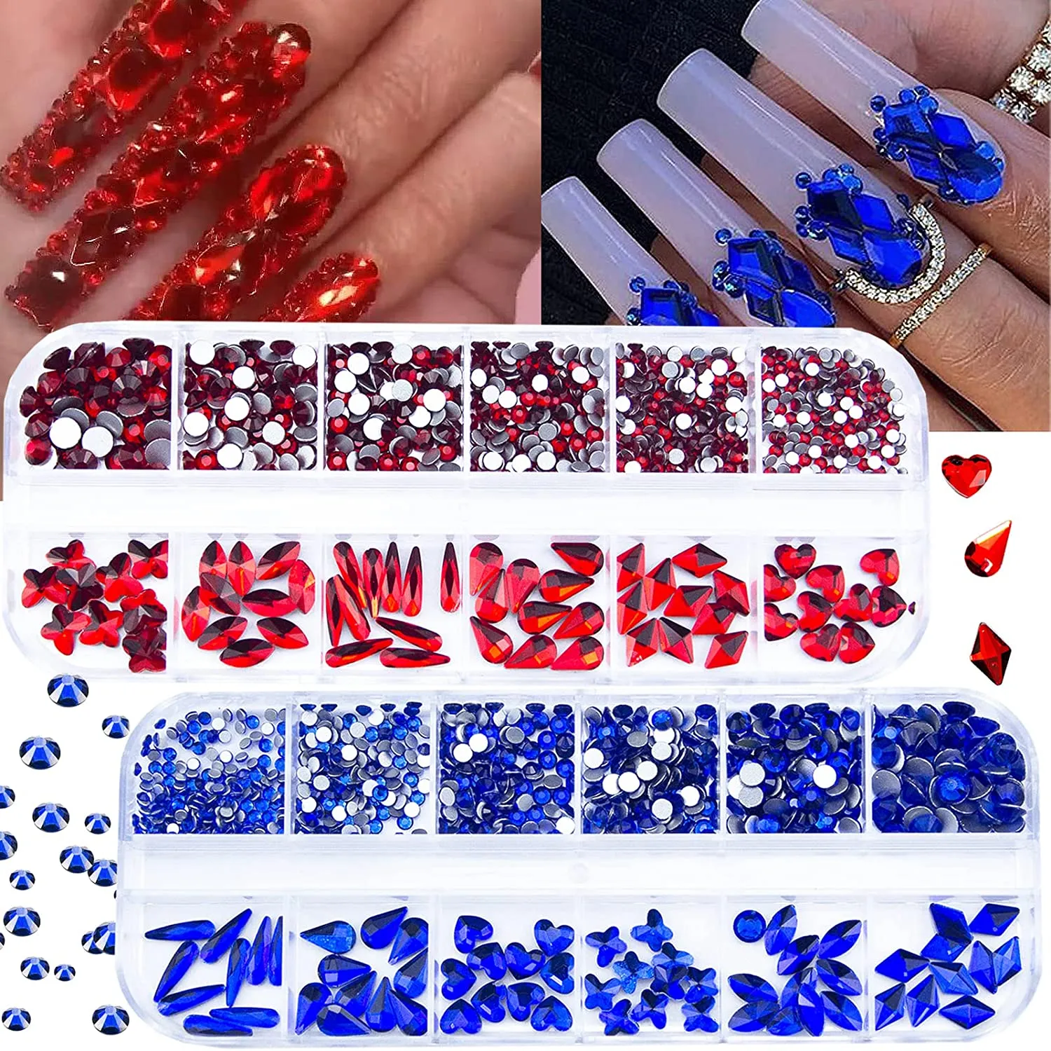 1720Pcs Royal Blue Lake Blue Nail Rhinestones Crystals Glass Gems Stones Royal Blue Multi Shapes Sizes Round Beads Flatback Gems Crystals Rhinestones for Nail DIY Crafts Clothes Shoes Jewelry