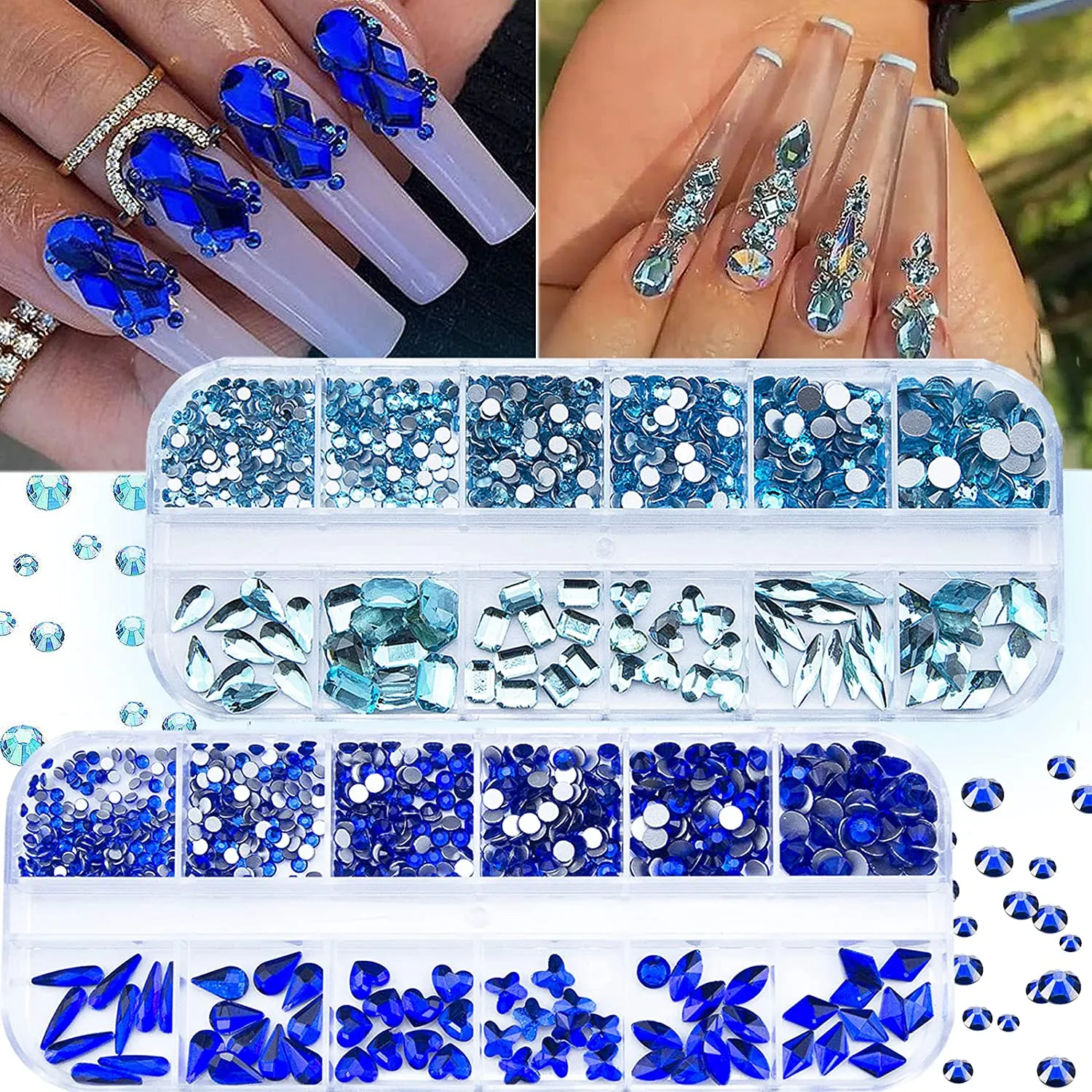 1720Pcs Royal Blue Lake Blue Nail Rhinestones Crystals Glass Gems Stones Royal Blue Multi Shapes Sizes Round Beads Flatback Gems Crystals Rhinestones for Nail DIY Crafts Clothes Shoes Jewelry