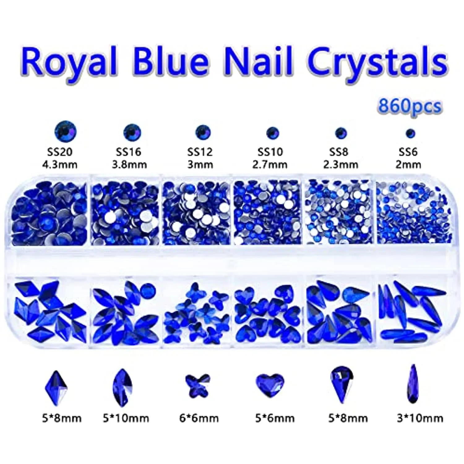 1720Pcs Royal Blue Lake Blue Nail Rhinestones Crystals Glass Gems Stones Royal Blue Multi Shapes Sizes Round Beads Flatback Gems Crystals Rhinestones for Nail DIY Crafts Clothes Shoes Jewelry
