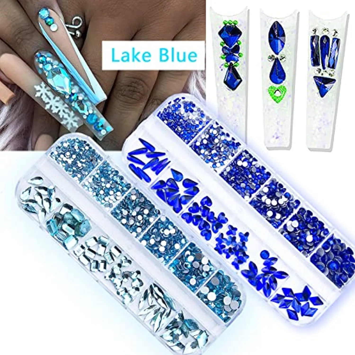 1720Pcs Royal Blue Lake Blue Nail Rhinestones Crystals Glass Gems Stones Royal Blue Multi Shapes Sizes Round Beads Flatback Gems Crystals Rhinestones for Nail DIY Crafts Clothes Shoes Jewelry