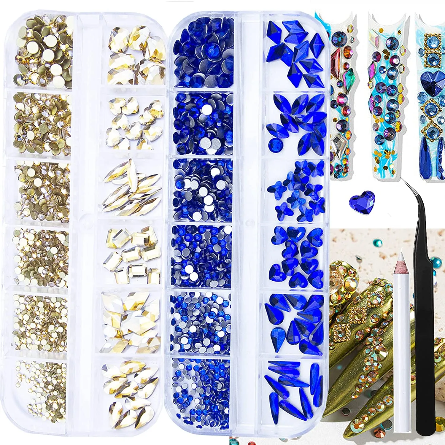 1720Pcs Royal Blue Lake Blue Nail Rhinestones Crystals Glass Gems Stones Royal Blue Multi Shapes Sizes Round Beads Flatback Gems Crystals Rhinestones for Nail DIY Crafts Clothes Shoes Jewelry