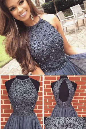 A-line Gray Halter High Neck Beaded Short Prom Dress,Tulle Homecoming Dress,SH97