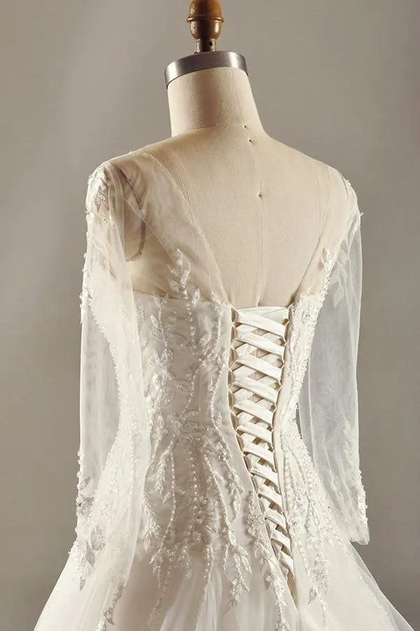 A-Line Long Sleeve Waist Lace Beaded Wedding Dress Court Train TN0099
