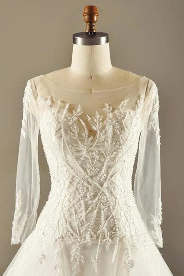 A-Line Long Sleeve Waist Lace Beaded Wedding Dress Court Train TN0099