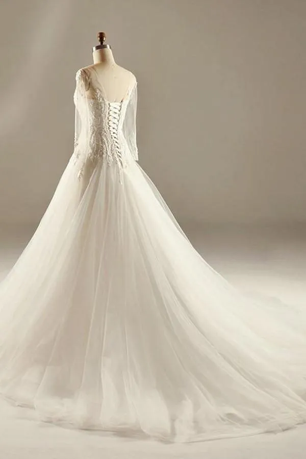 A-Line Long Sleeve Waist Lace Beaded Wedding Dress Court Train TN0099