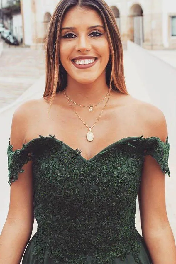 A-Line Off-the-Shoulder Split Dark Green Lace Appliques Prom Dress TP0932