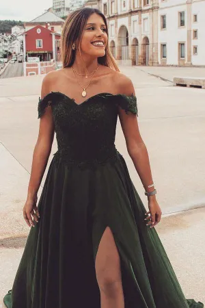 A-Line Off-the-Shoulder Split Dark Green Lace Appliques Prom Dress TP0932