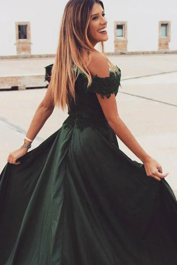A-Line Off-the-Shoulder Split Dark Green Lace Appliques Prom Dress TP0932