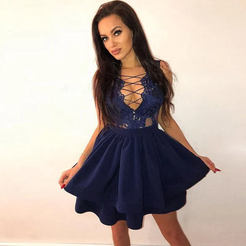 A-Line Short Tiered Navy Blue Sexy Homecoming Dress with Appliques HD0027