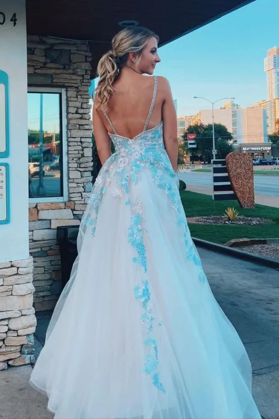 A-line Tulle Blue V-neck Spaghetti Straps Embroidery Long Prom Dress PX1423