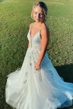 A-line Tulle Blue V-neck Spaghetti Straps Embroidery Long Prom Dress PX1423