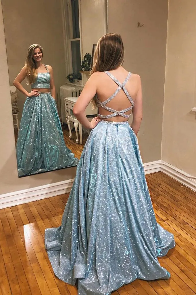 A-line Two Pieces Spaghetti Straps Sparkly Long Prom Dress Evening Dress OKT3