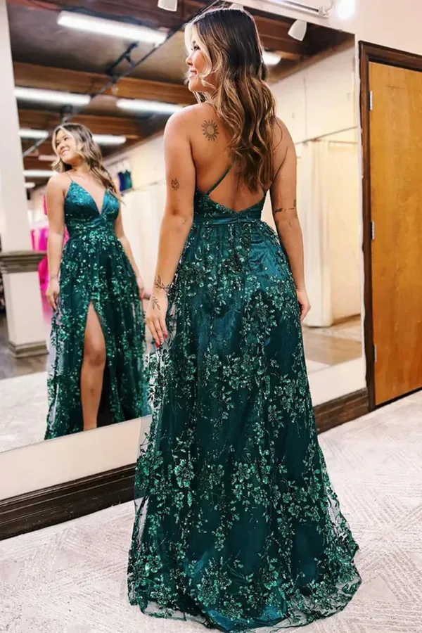 A Line V Neckline Straps Cross Back Green Party Dress, Green Lace Prom Dress APP1073