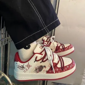 ADVBRIDGE  -  Vintage Red Womens Volcanise Shoes Chic Versatile Graffiti Skateboard Shoes Round Toe Breathable Womens Casual Shoes