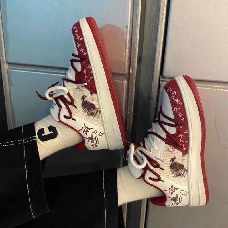 ADVBRIDGE  -  Vintage Red Womens Volcanise Shoes Chic Versatile Graffiti Skateboard Shoes Round Toe Breathable Womens Casual Shoes