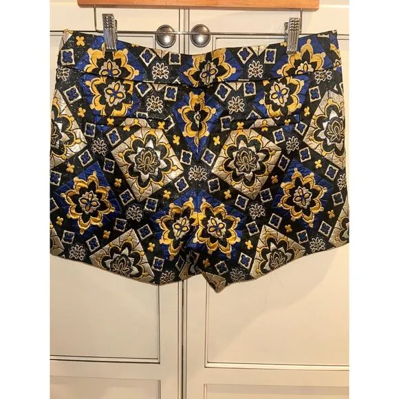 Ann Taylor Loft Jacquard Blue Gold Geometric Pattern Shorts Size 6