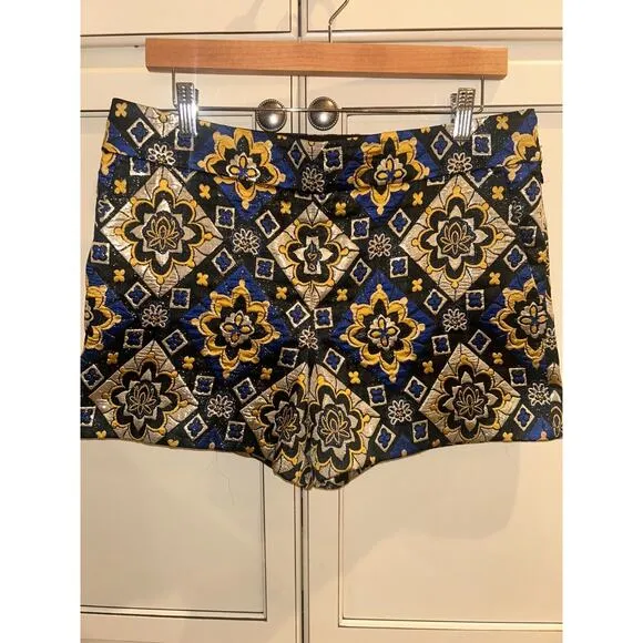 Ann Taylor Loft Jacquard Blue Gold Geometric Pattern Shorts Size 6