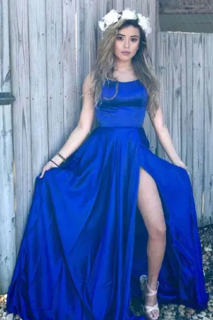Anneprom Scoop Split Side Royal Blue Criss-Cross Straps Satin Prom Dress APP0248
