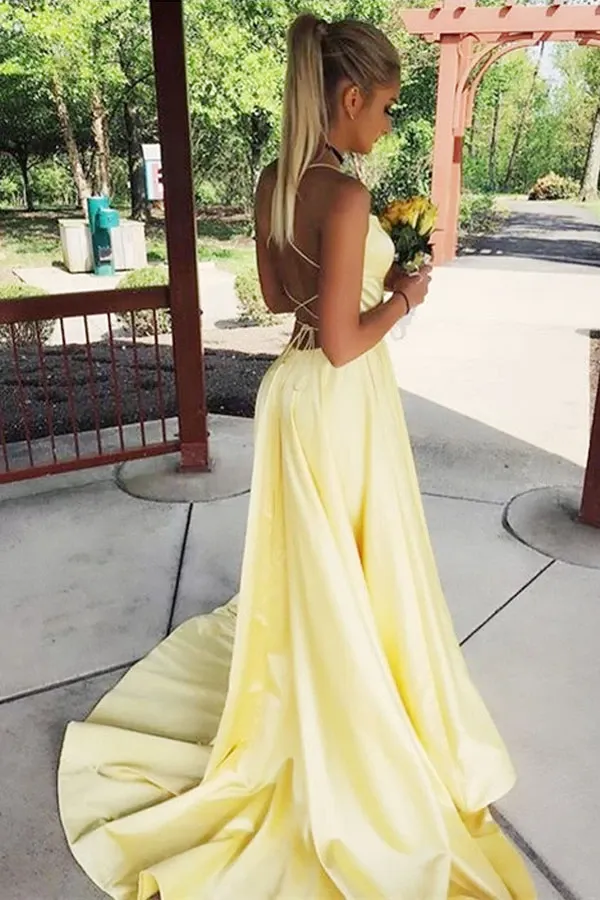 Anneprom Scoop Split Side Royal Blue Criss-Cross Straps Satin Prom Dress APP0248