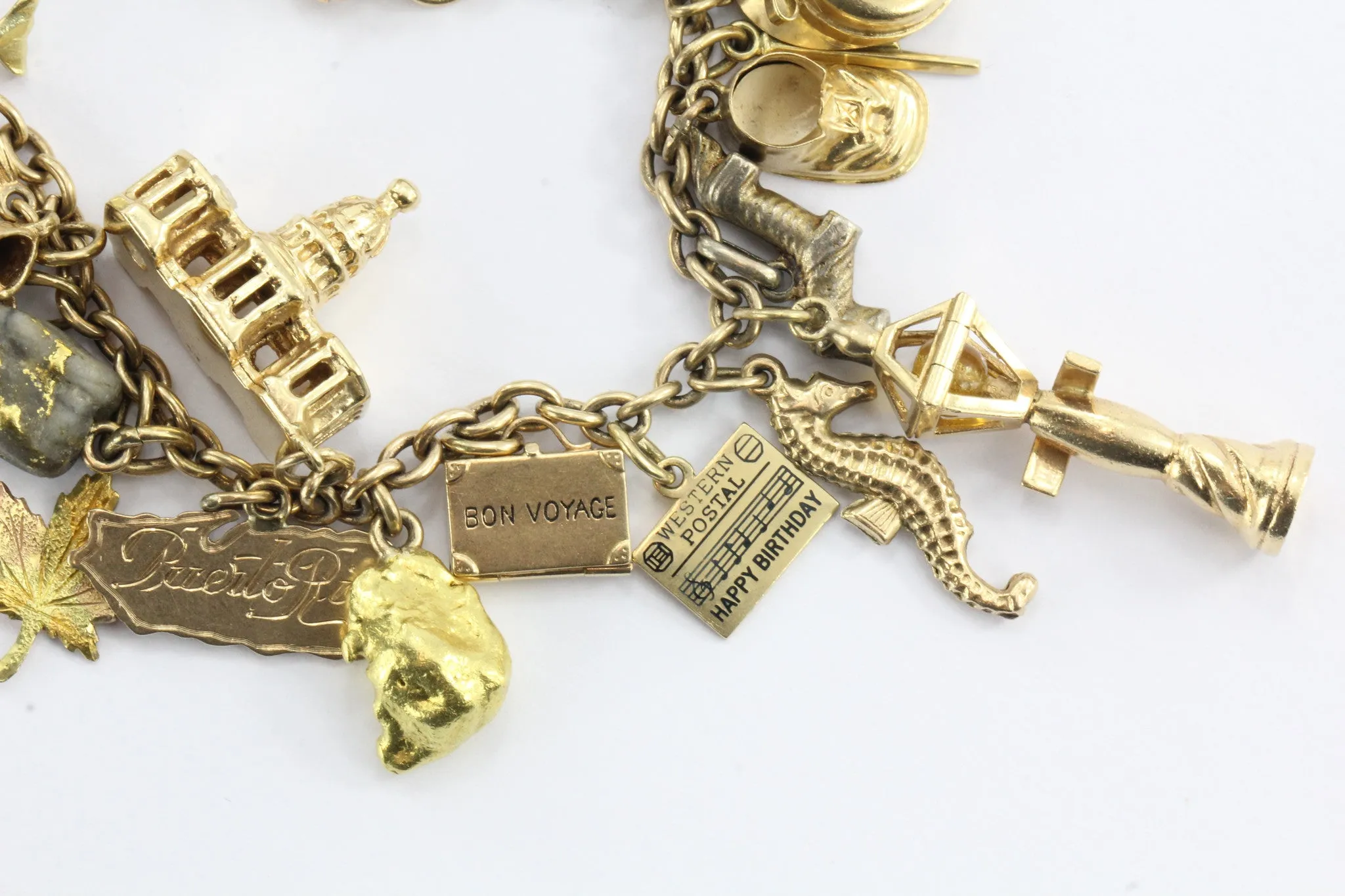 Antique 1940's 14k Gold Loaded 26 Charm Bracelet w Cartier & Tiffany Co Charm