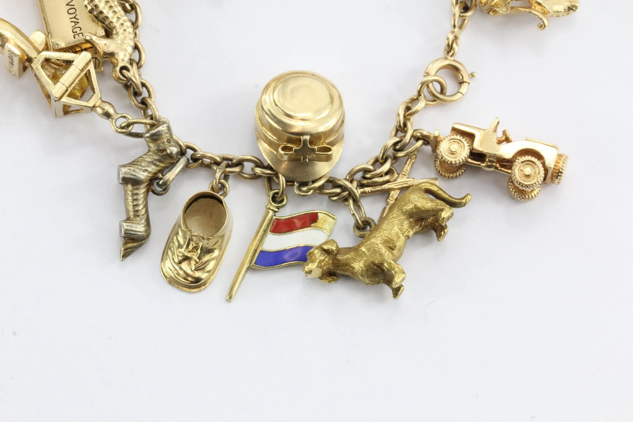 Antique 1940's 14k Gold Loaded 26 Charm Bracelet w Cartier & Tiffany Co Charm