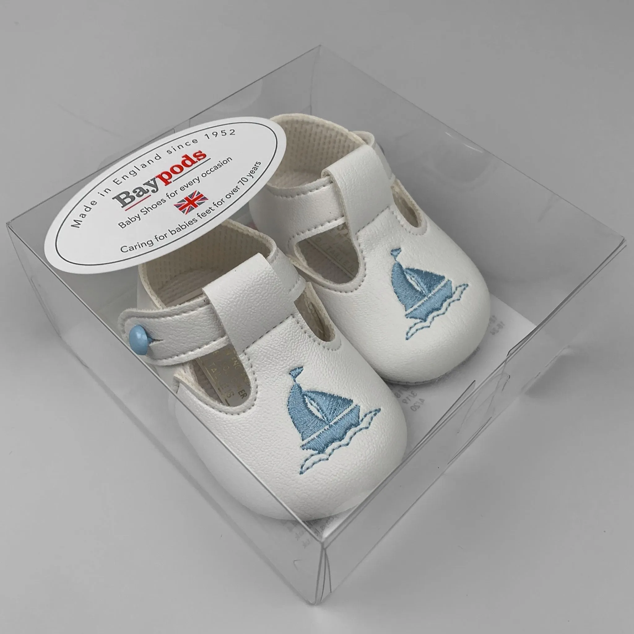 Baby Boy White Pram Shoes with Soft Sole and T Bar and Yacht Embroidery