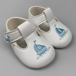 Baby Boy White Pram Shoes with Soft Sole and T Bar and Yacht Embroidery