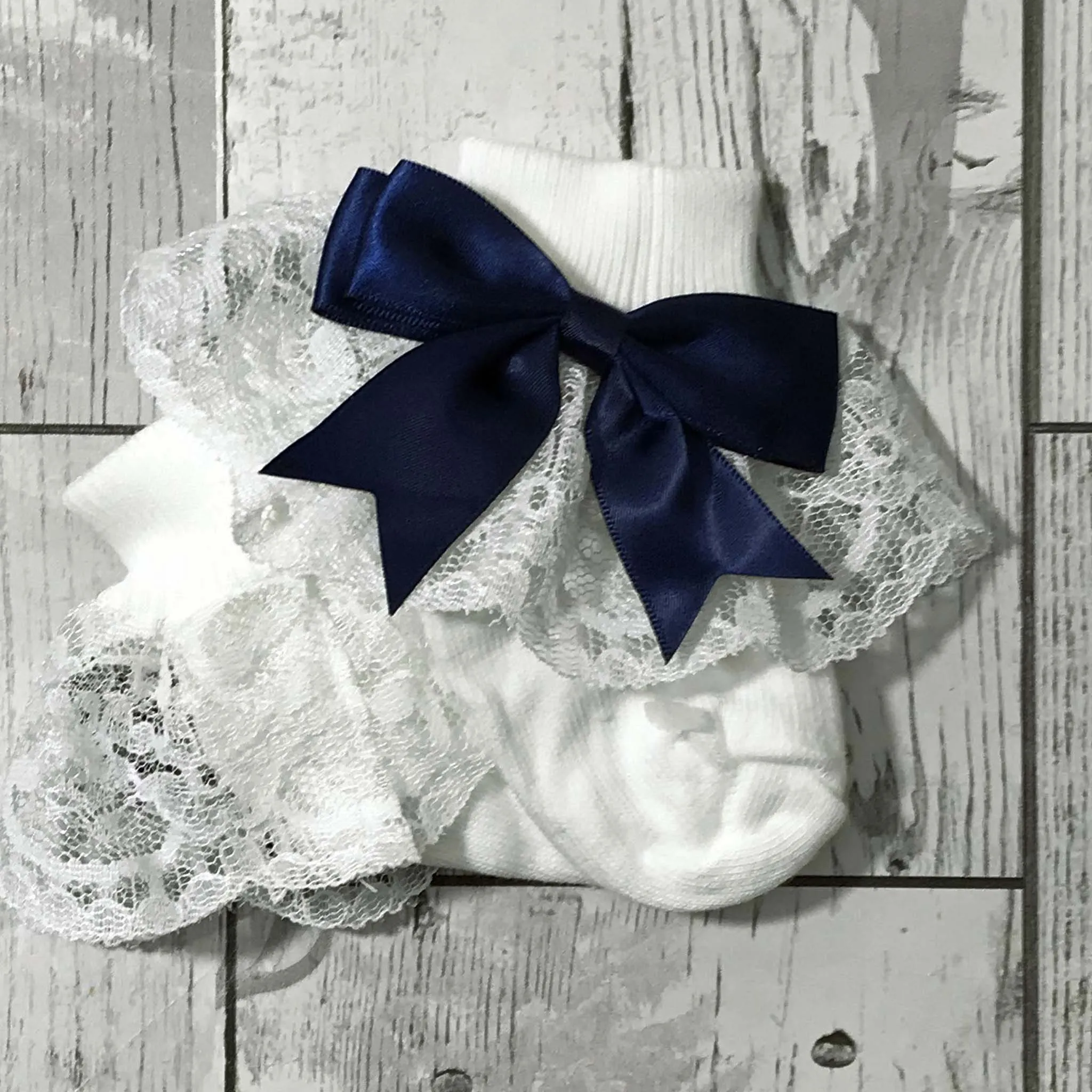 Baby Girl Frilly Socks - Navy bow with lace frills