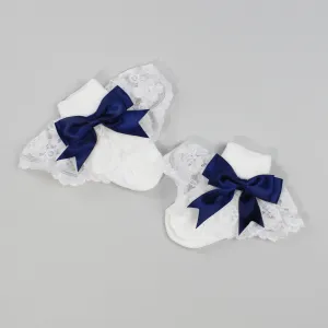 Baby Girl Frilly Socks - Navy bow with lace frills
