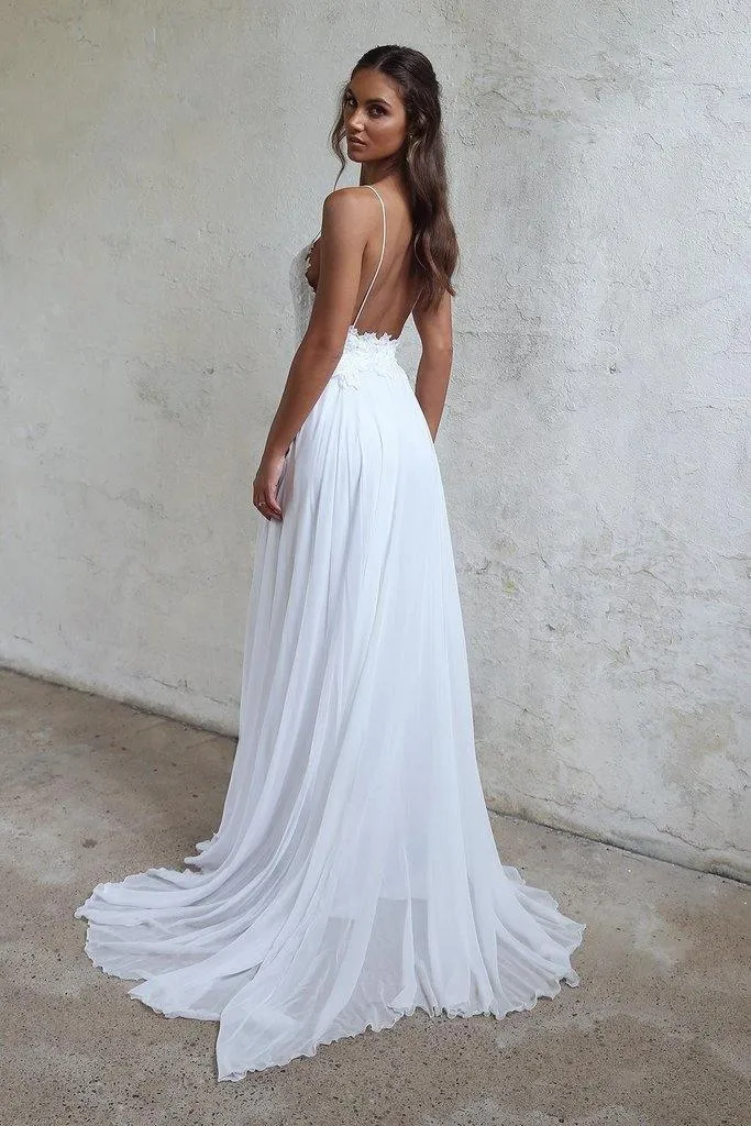 Beautiful A Line Lace Long White Spaghetti Straps Beach/Coast Wedding Dress TN170