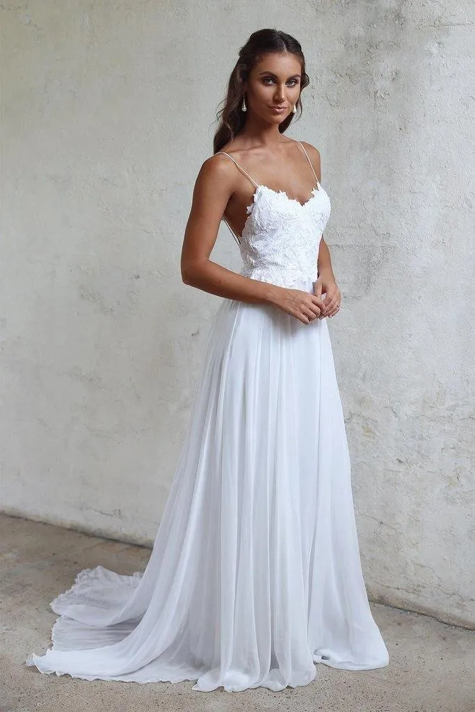 Beautiful A Line Lace Long White Spaghetti Straps Beach/Coast Wedding Dress TN170