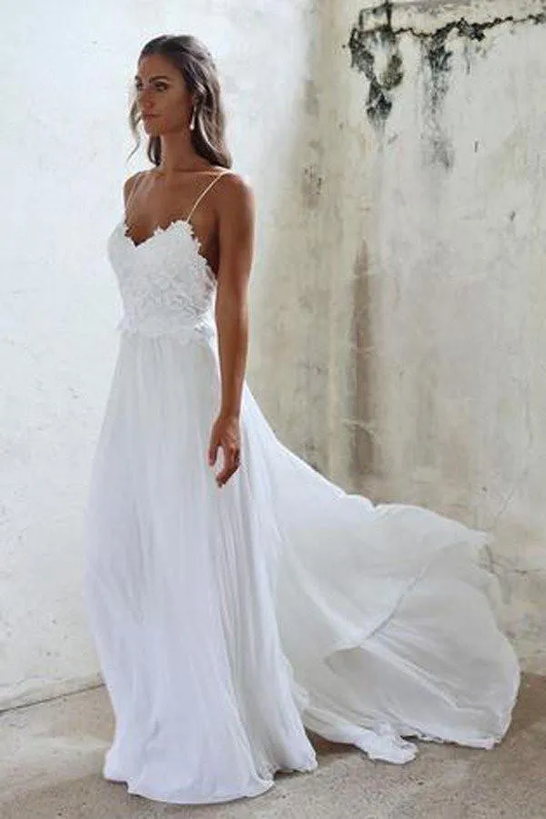 Beautiful A Line Lace Long White Spaghetti Straps Beach/Coast Wedding Dress TN170