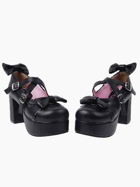 Black Lolita HeelsPU Platform Criss Cross Chunky Heel Lolita Shoes