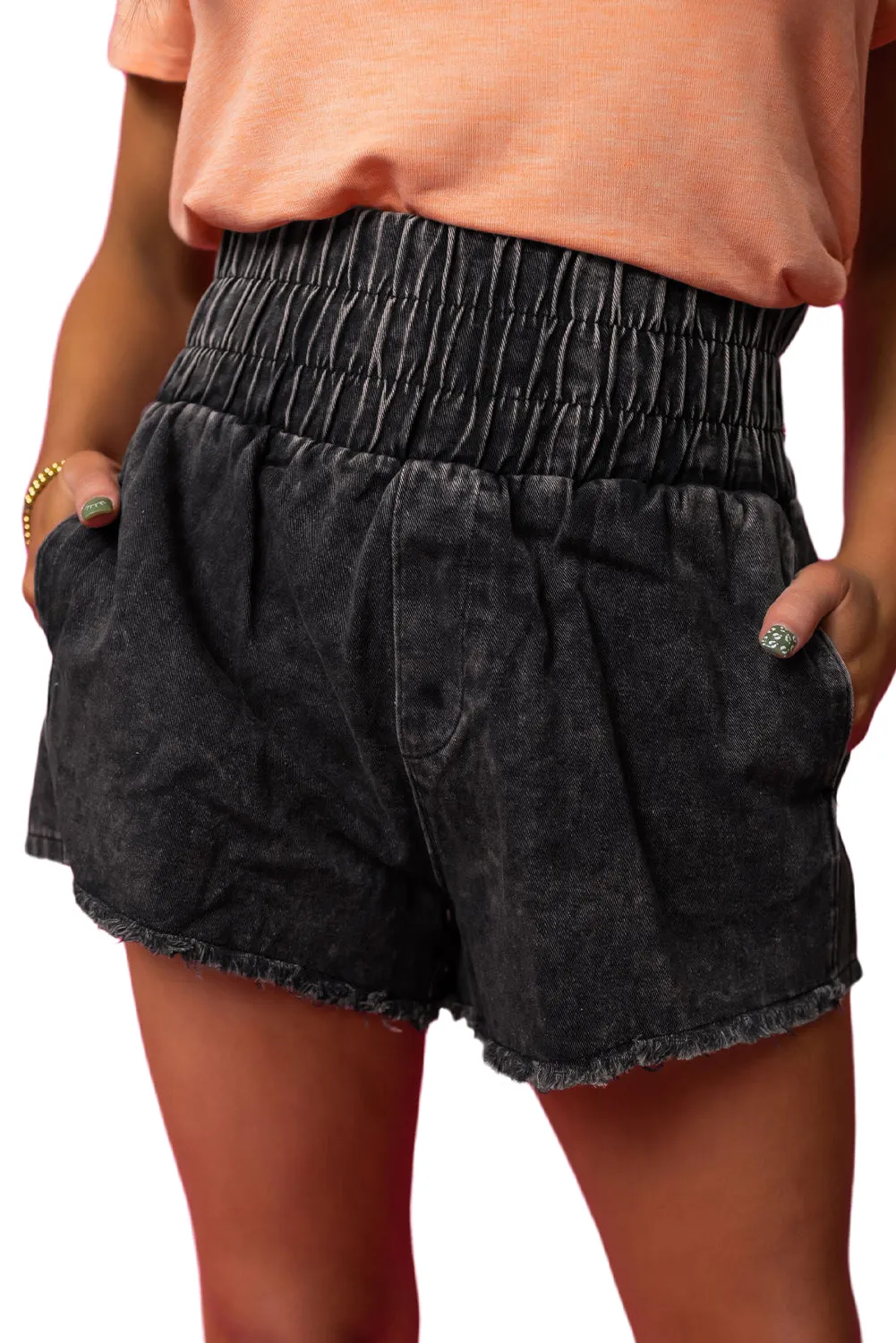 Black Smocked High Waist Mineral Washed Jean Shorts