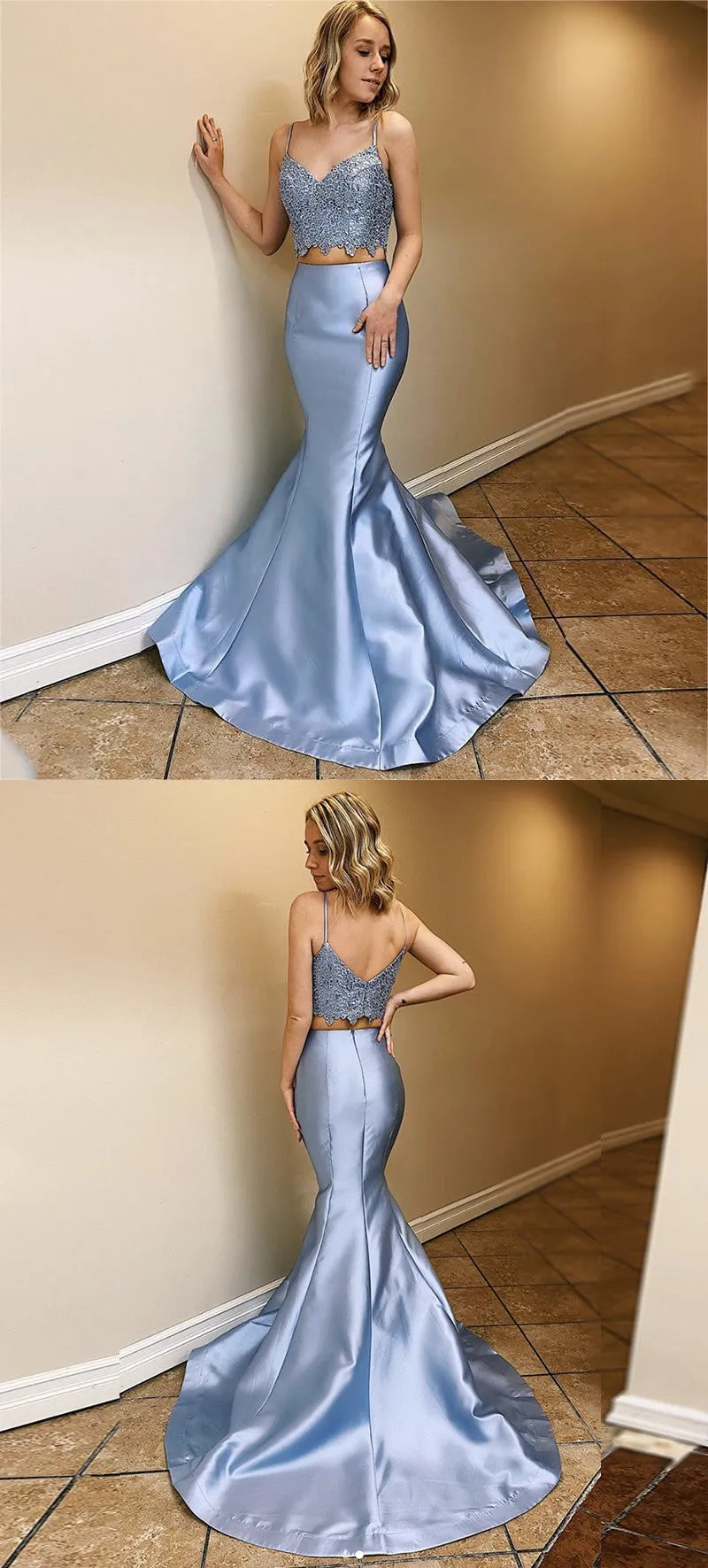 Blue Sequin Satin Spaghetti Straps Mermaid Prom Dresses,SFPD0183