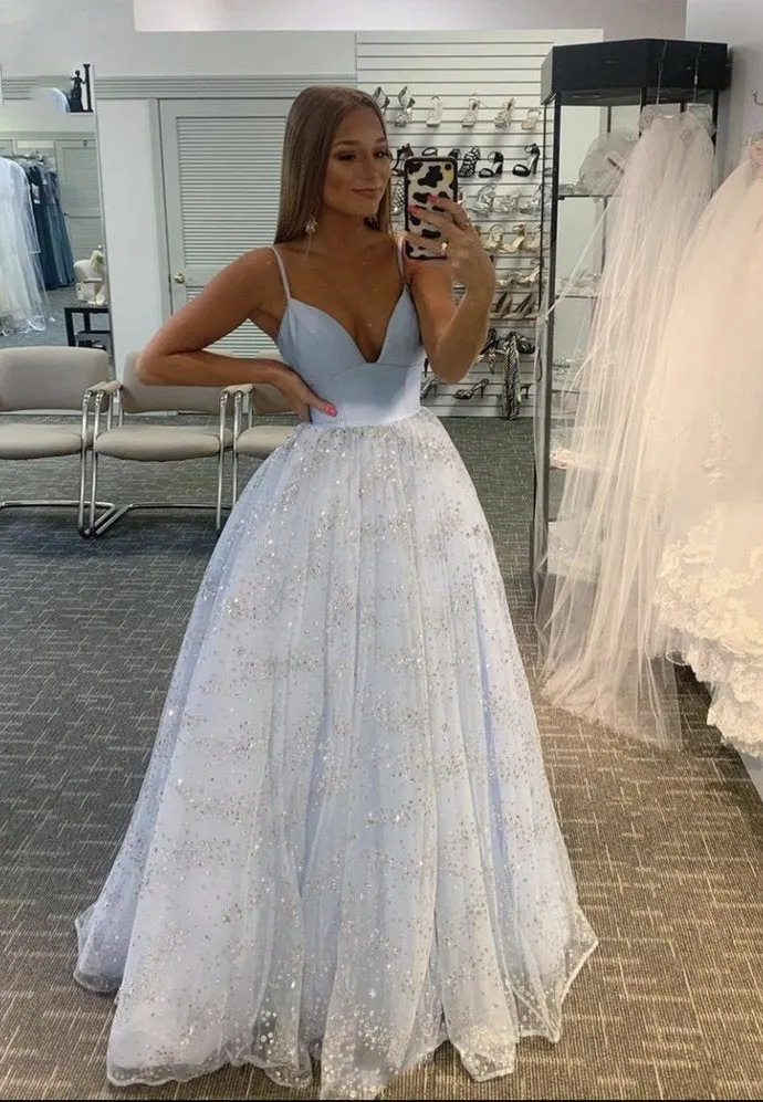 Blue V-neck Tulle Sequins Spaghetti Straps Ball Gown Dress YZ9337