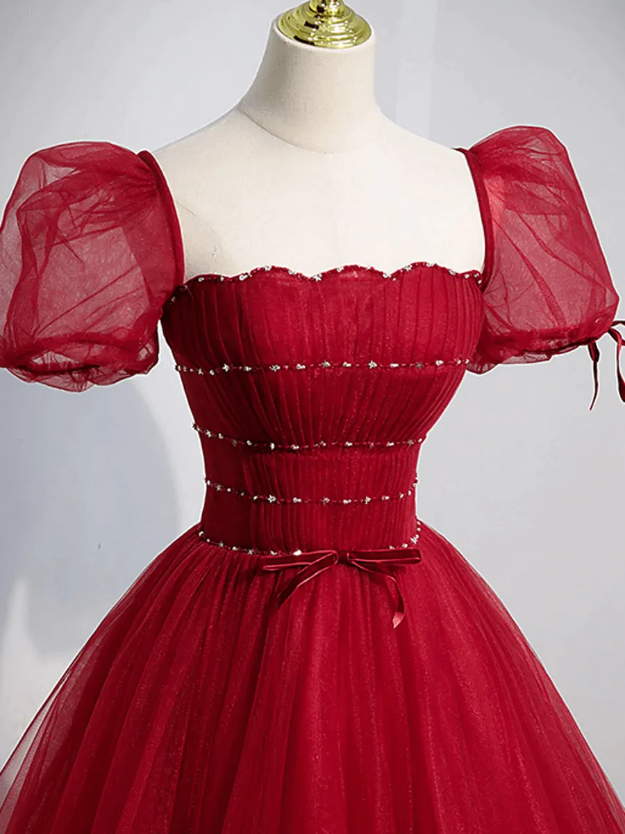 Burgundy A line Tulle Long Prom Dress, Burgundy Evening Dress TP1123