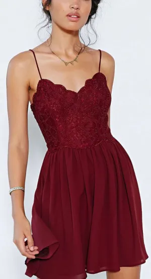 Burgundy Spaghetti Straps Short Lace Backless Prom Homecoming Dress,Criss Cross Open Back Homecoming Bridesmaid Dress