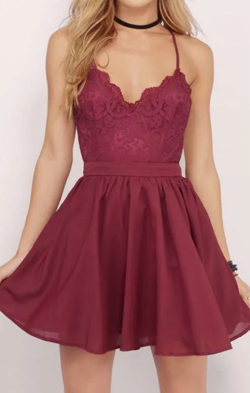 Burgundy Spaghetti Straps Short Lace Backless Prom Homecoming Dress,Criss Cross Open Back Homecoming Bridesmaid Dress