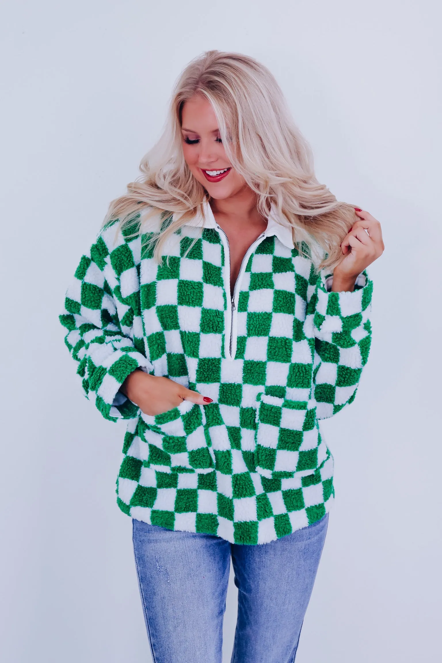 Checkered Pocketed Pullover - Green